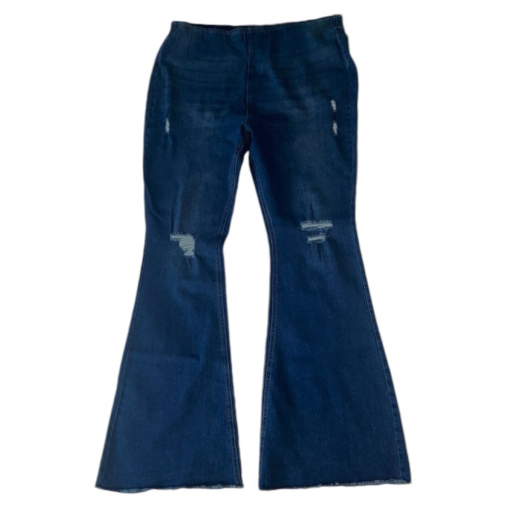 NOBO Juniors  15-17 Blue Flare Distressed Frayed Hem Elastic Waist Denim EUC